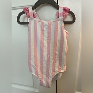 TBBC girls swim suit, size 5 with pink ruffle trim